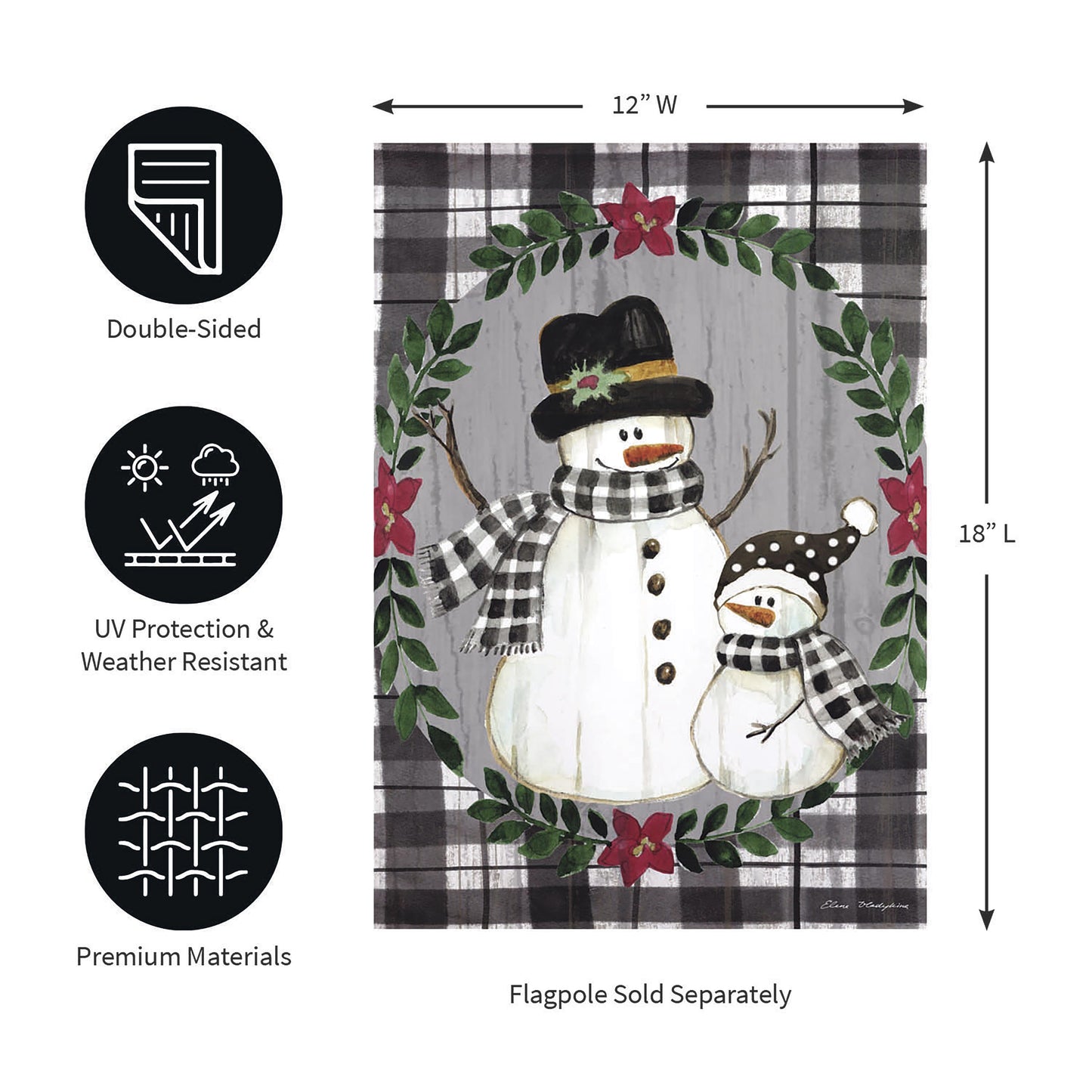 Country Snowmen Moire Garden Flag featuring snowman scene framed by green wreath on moire plaid on Tampa Home & Garden Store