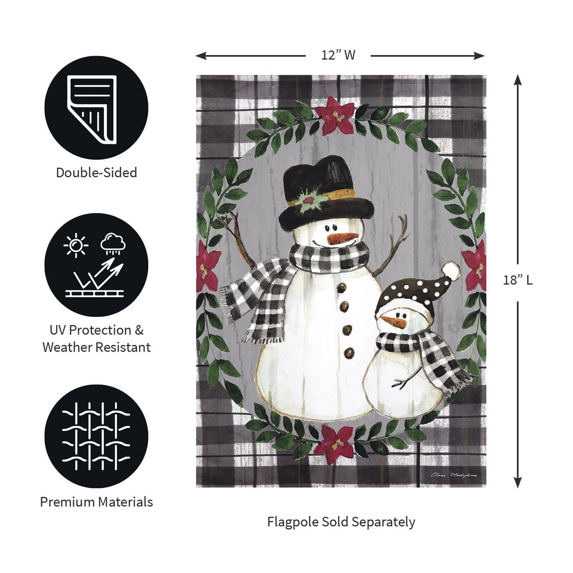 Country Snowmen Moire Garden Flag featuring snowman scene framed by green wreath on moire plaid on Tampa Home & Garden Store