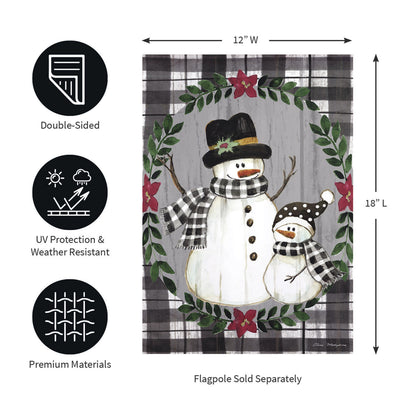 Country Snowmen Moire Garden Flag featuring snowman scene framed by green wreath on moire plaid on Tampa Home & Garden Store