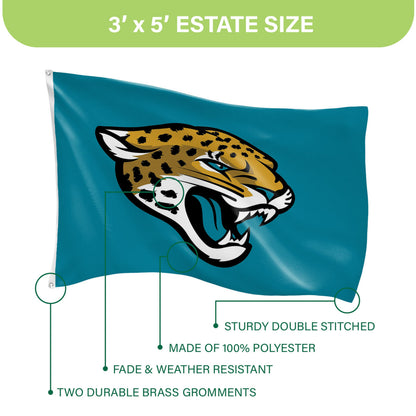 Jacksonville Jaguars 3x5 flag, single-sided sublimated with Jaguar head logo, 2 grommets on Tampa Home & Garden Store