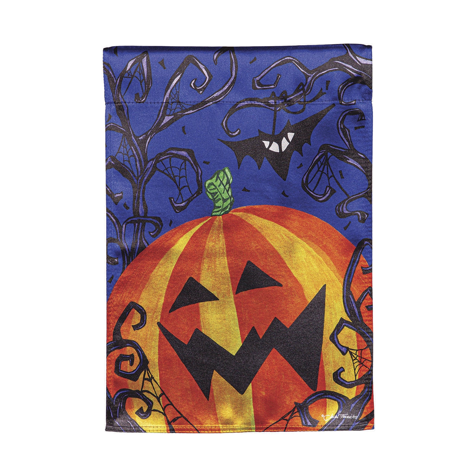 Halloween Jack O' Lantern Pumpkin Lustre Garden Flag purple night sky with orange pumpkin bats on Tampa Home & Garden Store
