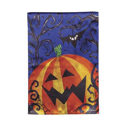 Halloween Jack O' Lantern Pumpkin Lustre Garden Flag purple night sky with orange pumpkin bats on Tampa Home & Garden Store