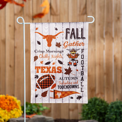 Moire UT Texas garden flag with Longhorn logo in orange and brown by Evergreen Enterprises fall on Tampa Home & Garden Store