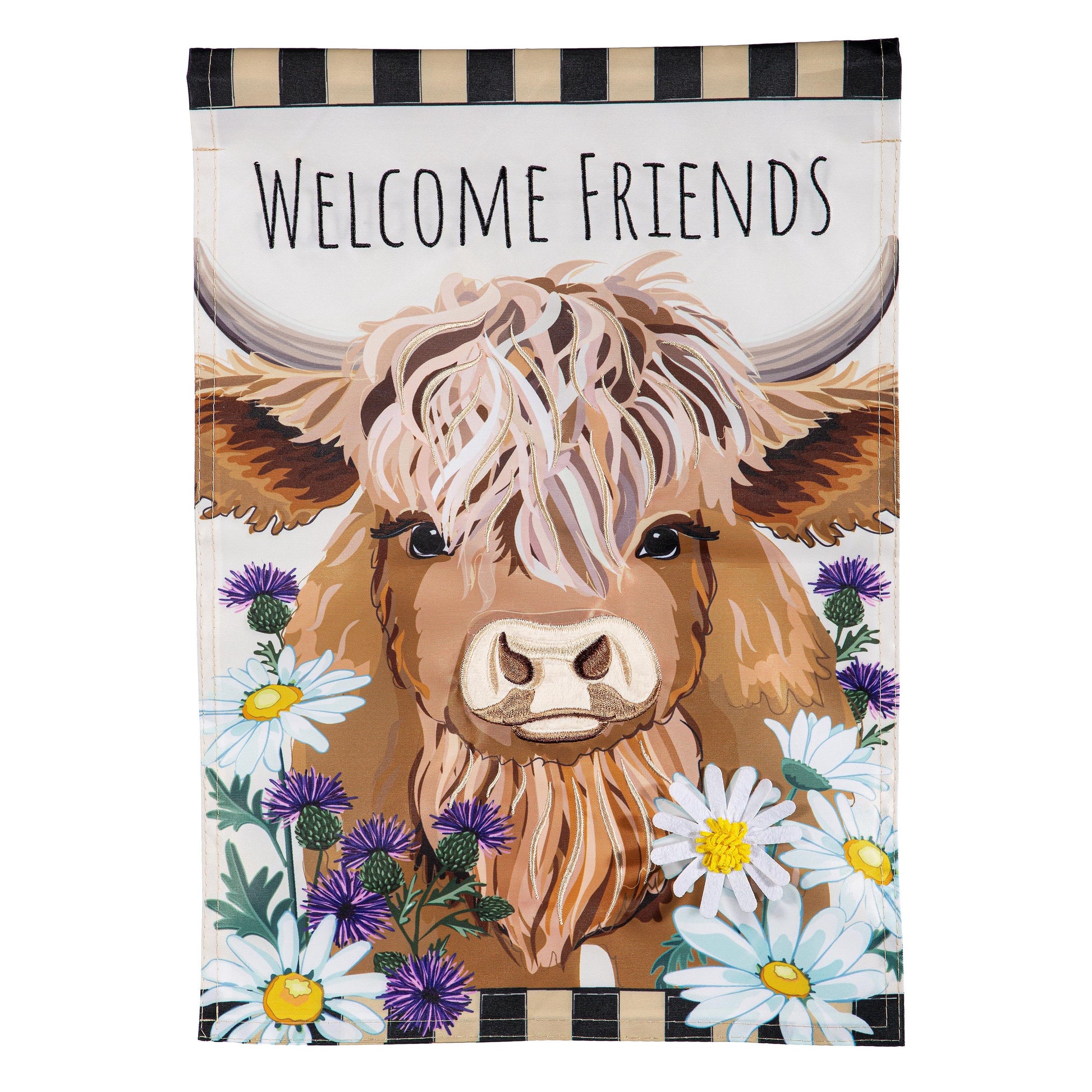 Applique garden flag Hillside Pasture Highland Cow Welcome Friends with brown cow and daisies on Tampa Home & Garden Store