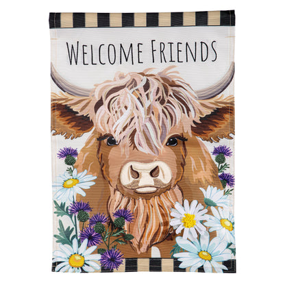 Applique garden flag Hillside Pasture Highland Cow Welcome Friends with brown cow and daisies on Tampa Home & Garden Store