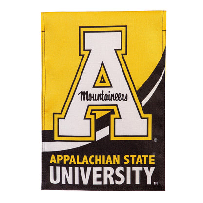 Burlap flag featuring Appalachian State University with a white A on yellow background on Tampa Home & Garden Store