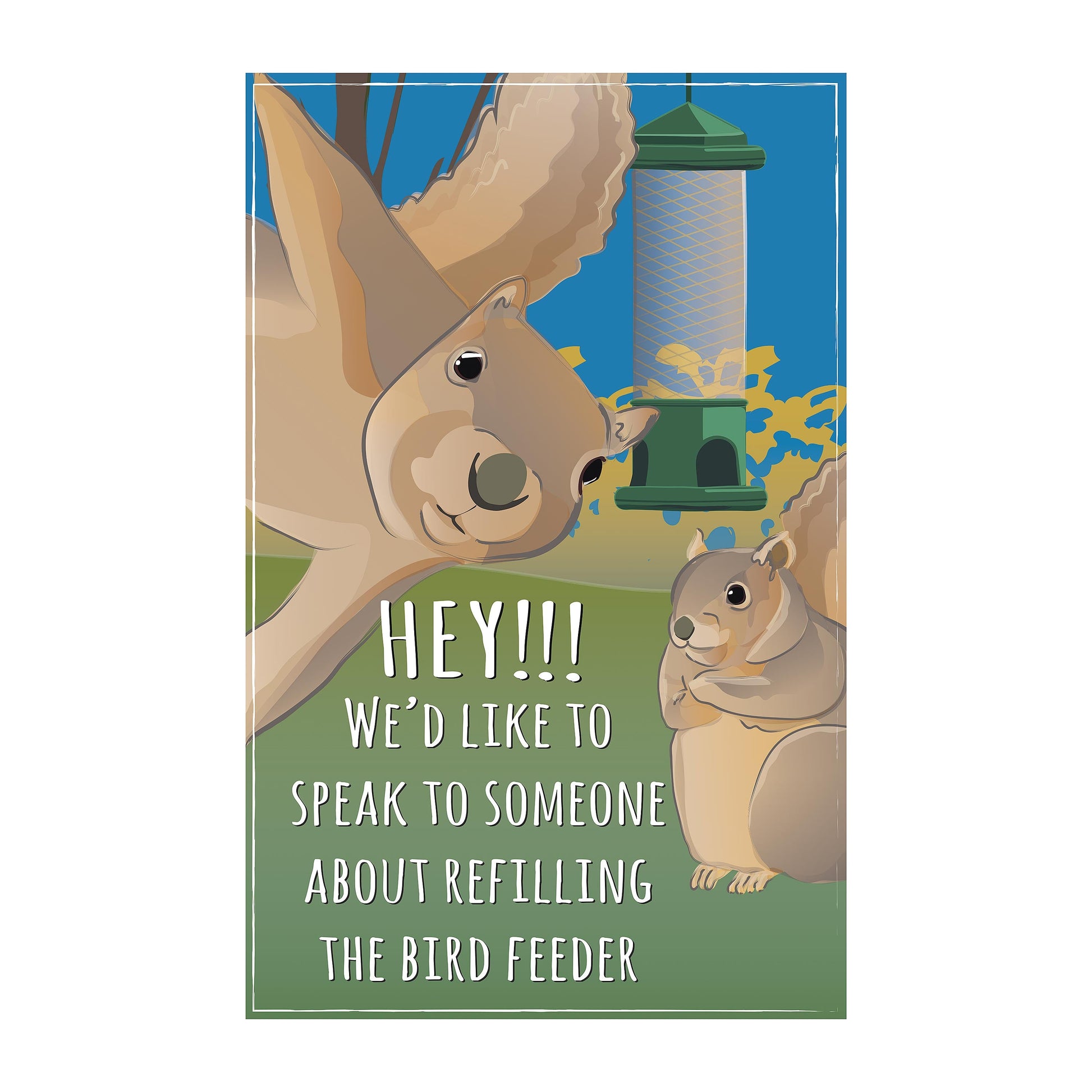 Squirrel Feeder Applique House Flag featuring two squirrels and a tall green bird feeder on Tampa Home & Garden Store