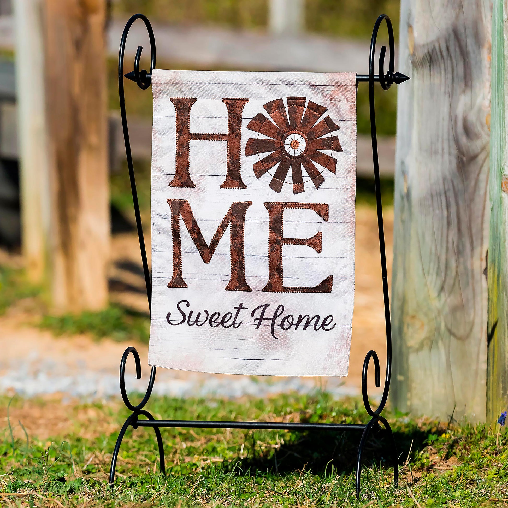 Linen flag Windmill Home Sweet Home with brown print Evergreen Enterprises on black stand on Tampa Home & Garden Store