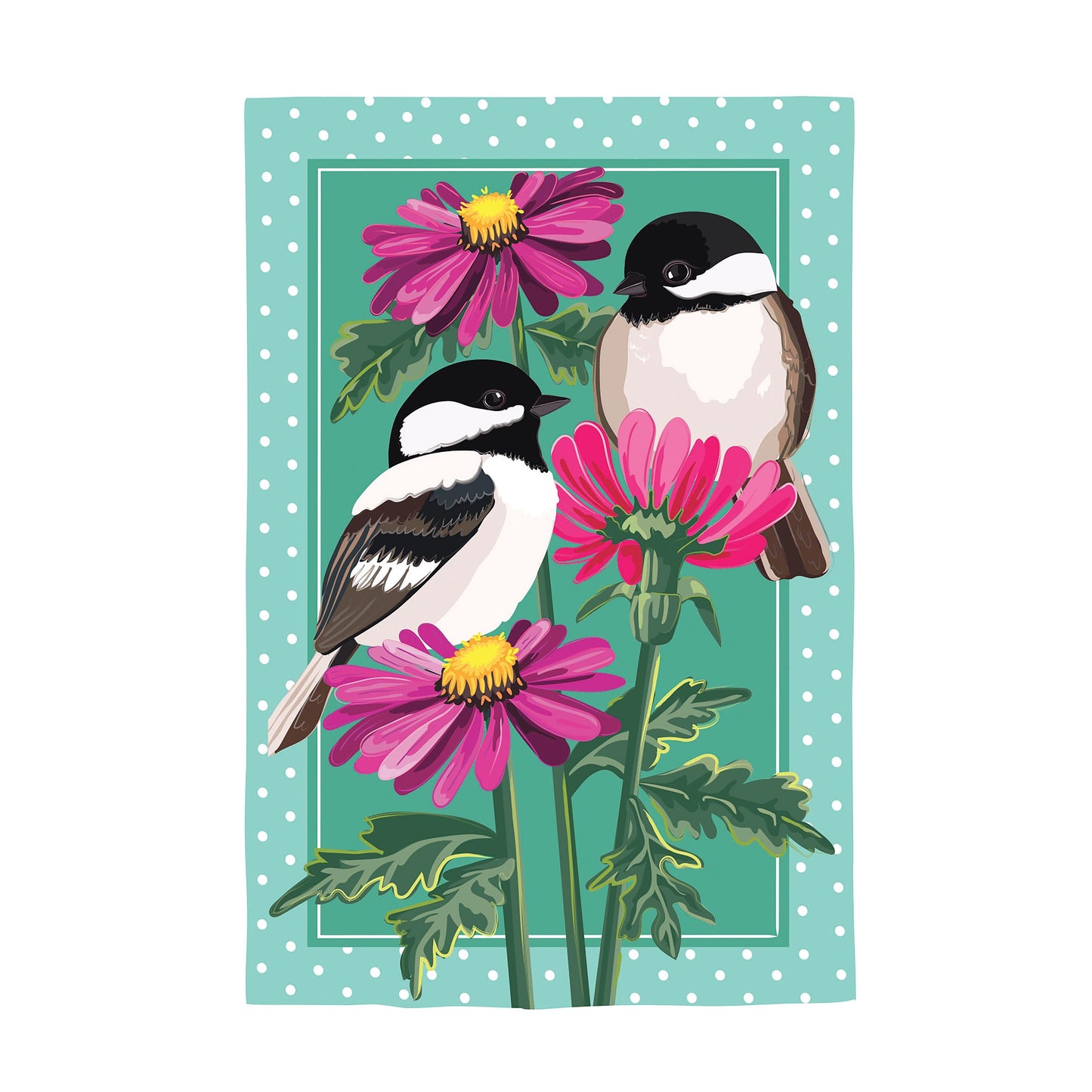 Chickadee Friends Applique House Flag with two chickadees and pink blooms on teal border on Tampa Home & Garden Store
