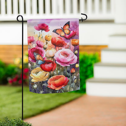 Sunset Garden Suede Garden Flag pink & purple florals with butterflies by Evergreen Enterprises on Tampa Home & Garden Store
