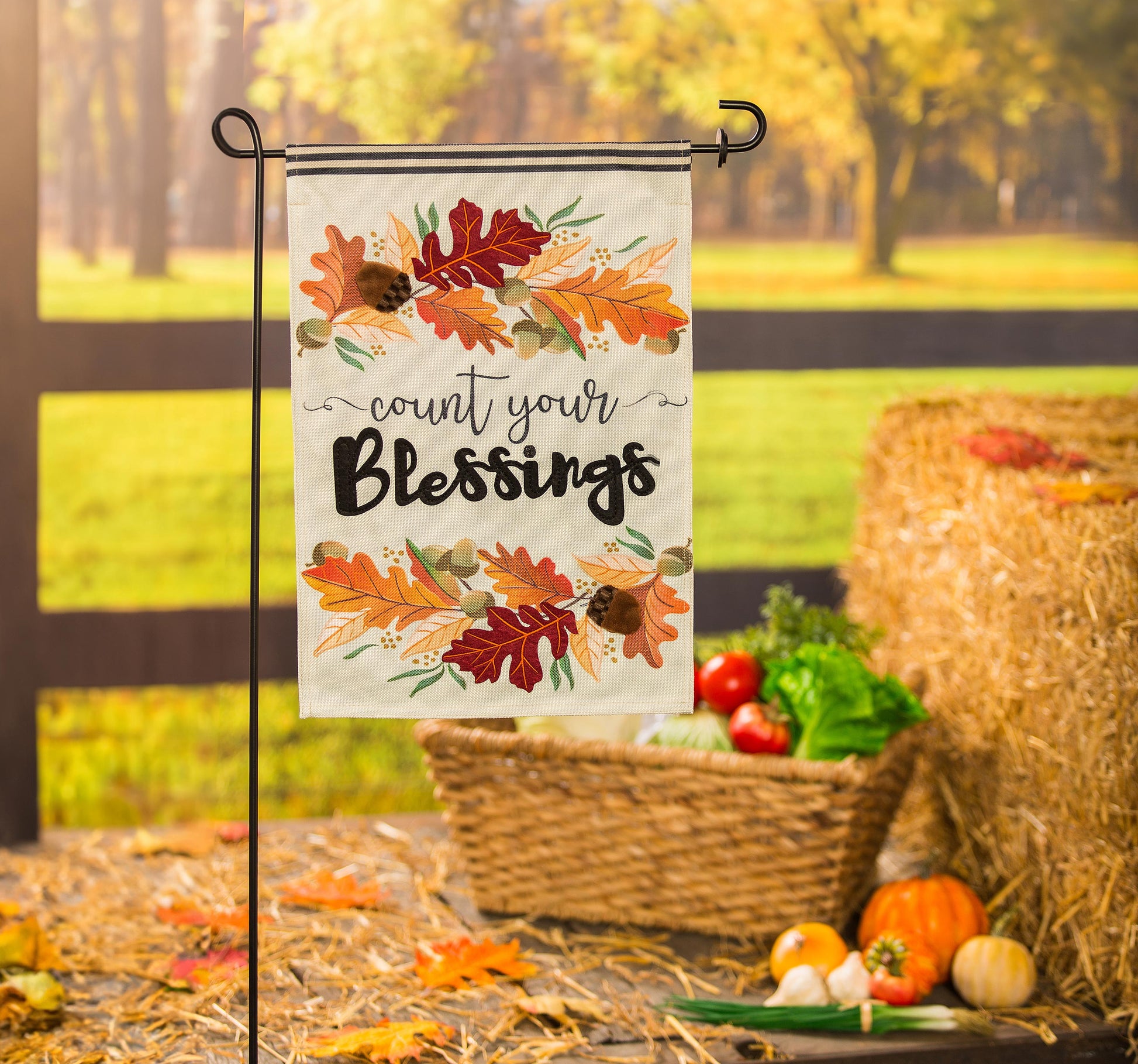 Count Your Blessings garden burlap flag with autumn leaves in orange and red on natural burlap on Tampa Home & Garden Store