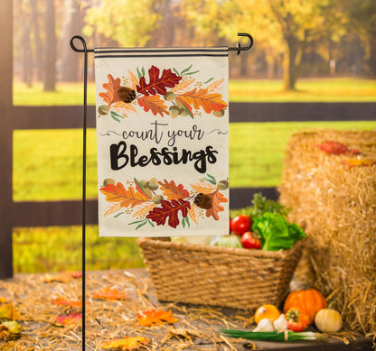 Count Your Blessings garden burlap flag with autumn leaves in orange and red on natural burlap on Tampa Home & Garden Store