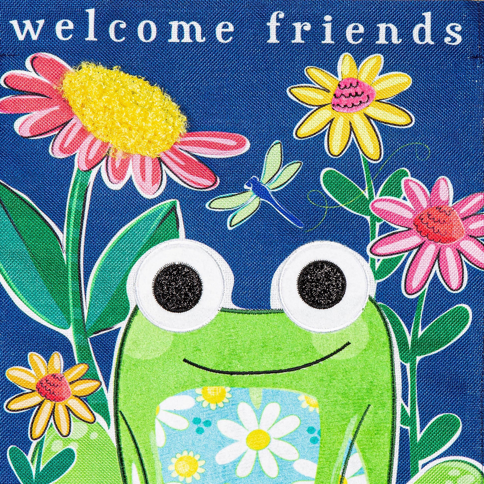 Welcome Friends Frog burlap garden flag with bright flowers on blue background on Tampa Home & Garden Store