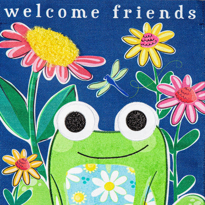 Welcome Friends Frog burlap garden flag with bright flowers on blue background on Tampa Home & Garden Store