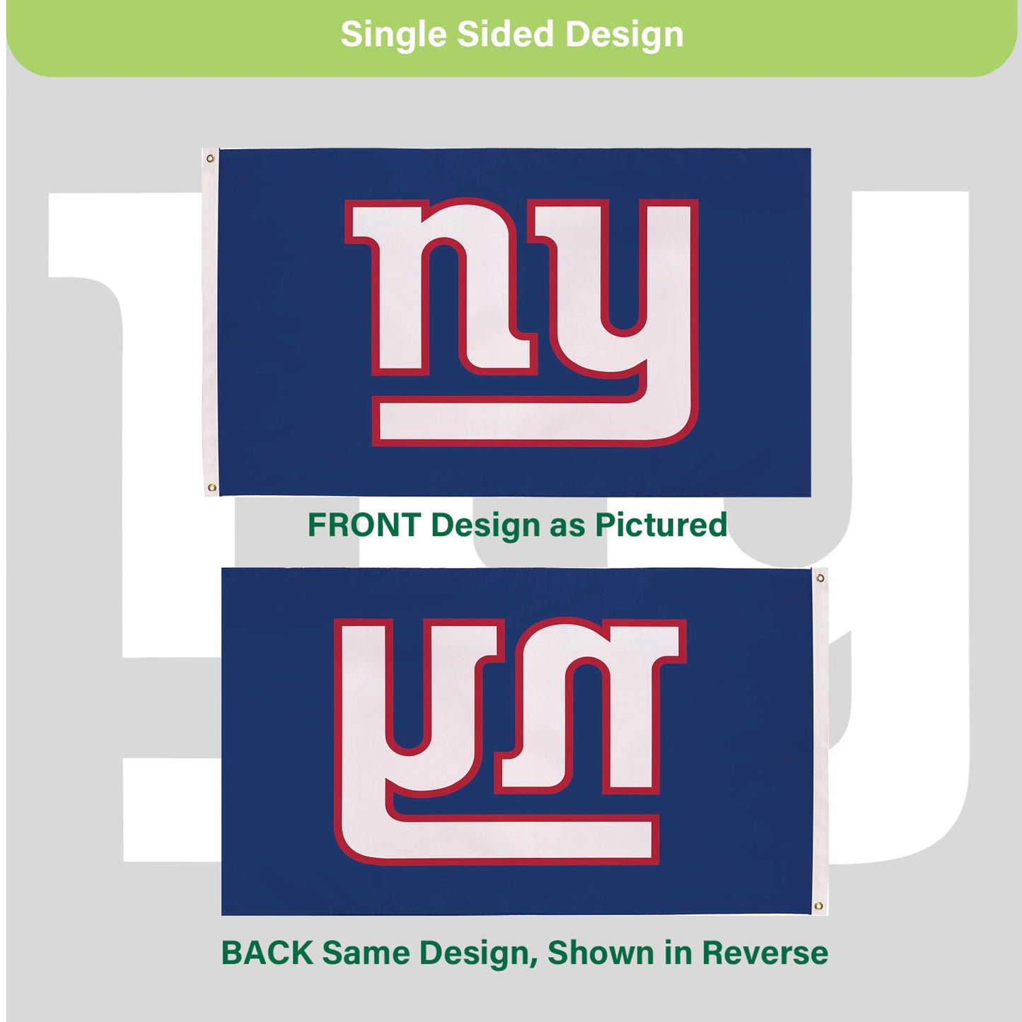 New York Giants 3x5 flag by Evergreen Enterprises, blue field with NY logo outlined in red on Tampa Home & Garden Store