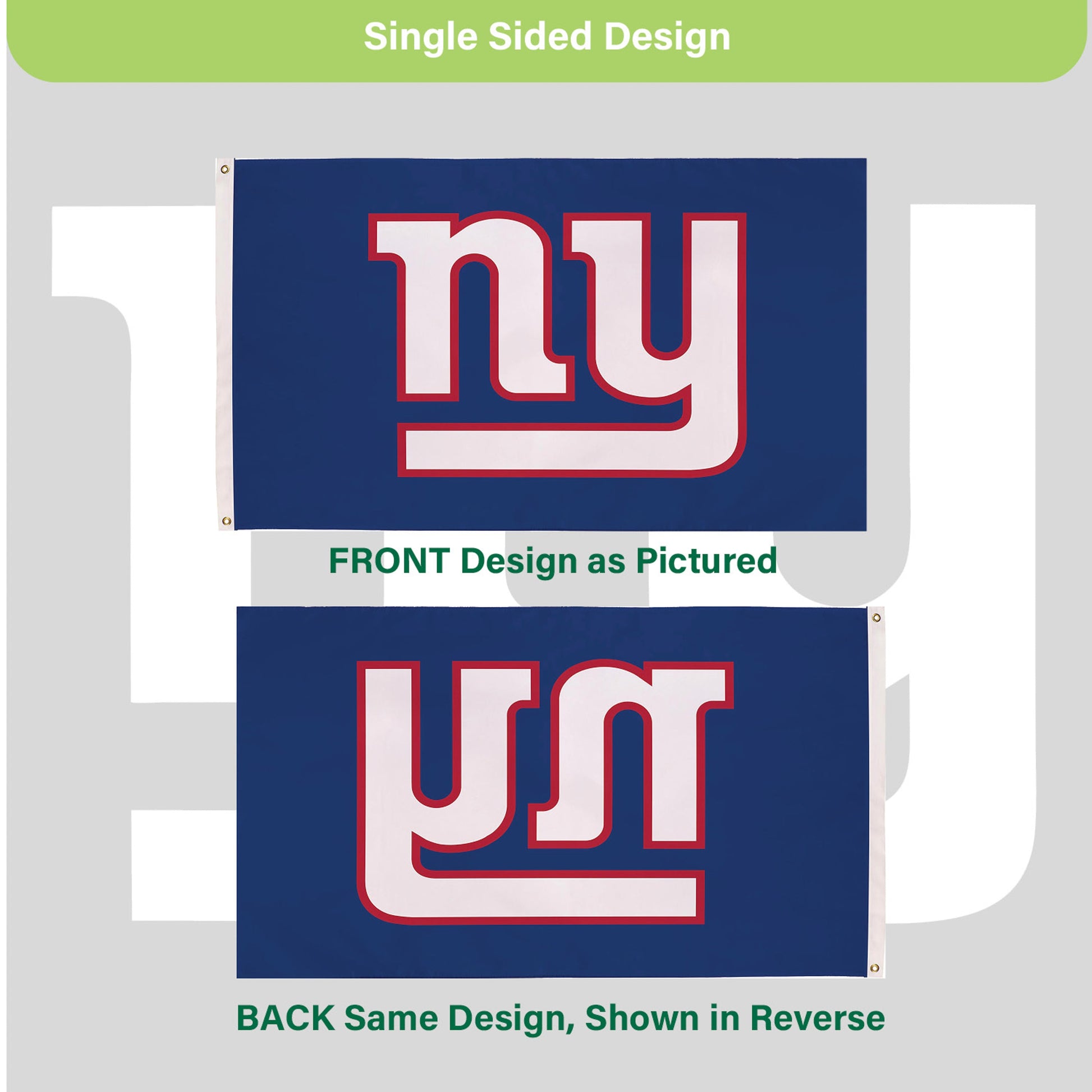 New York Giants 3x5 flag by Evergreen Enterprises, blue field with NY logo outlined in red on Tampa Home & Garden Store
