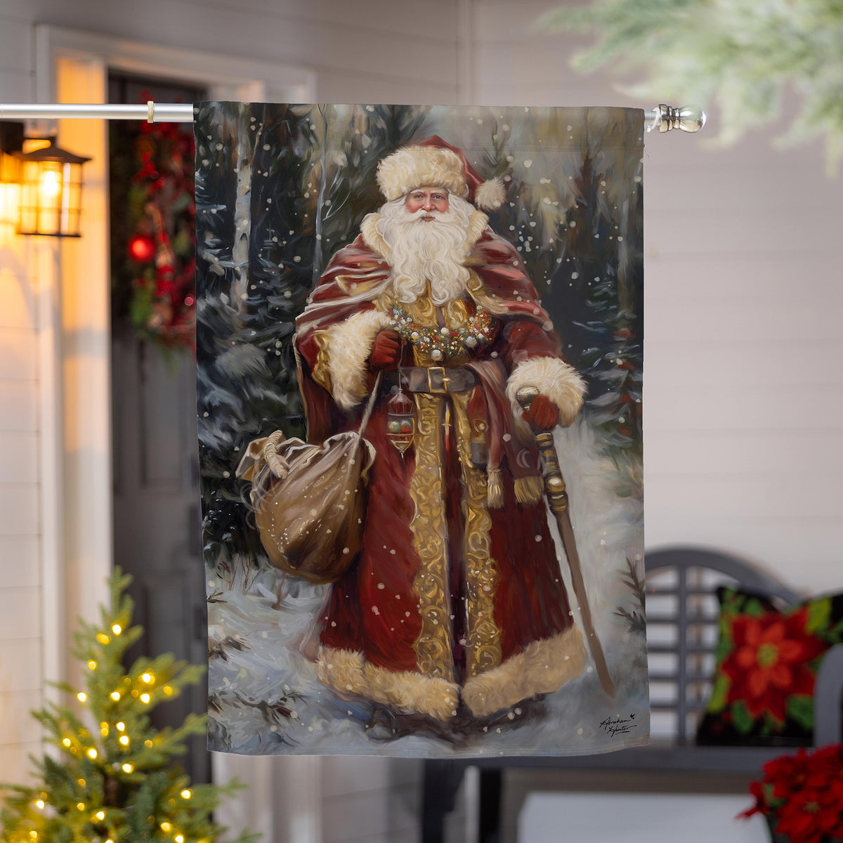 Victorian Santa suede house flag featuring Santa in a red suit amid a snowy winter scene on Tampa Home & Garden Store