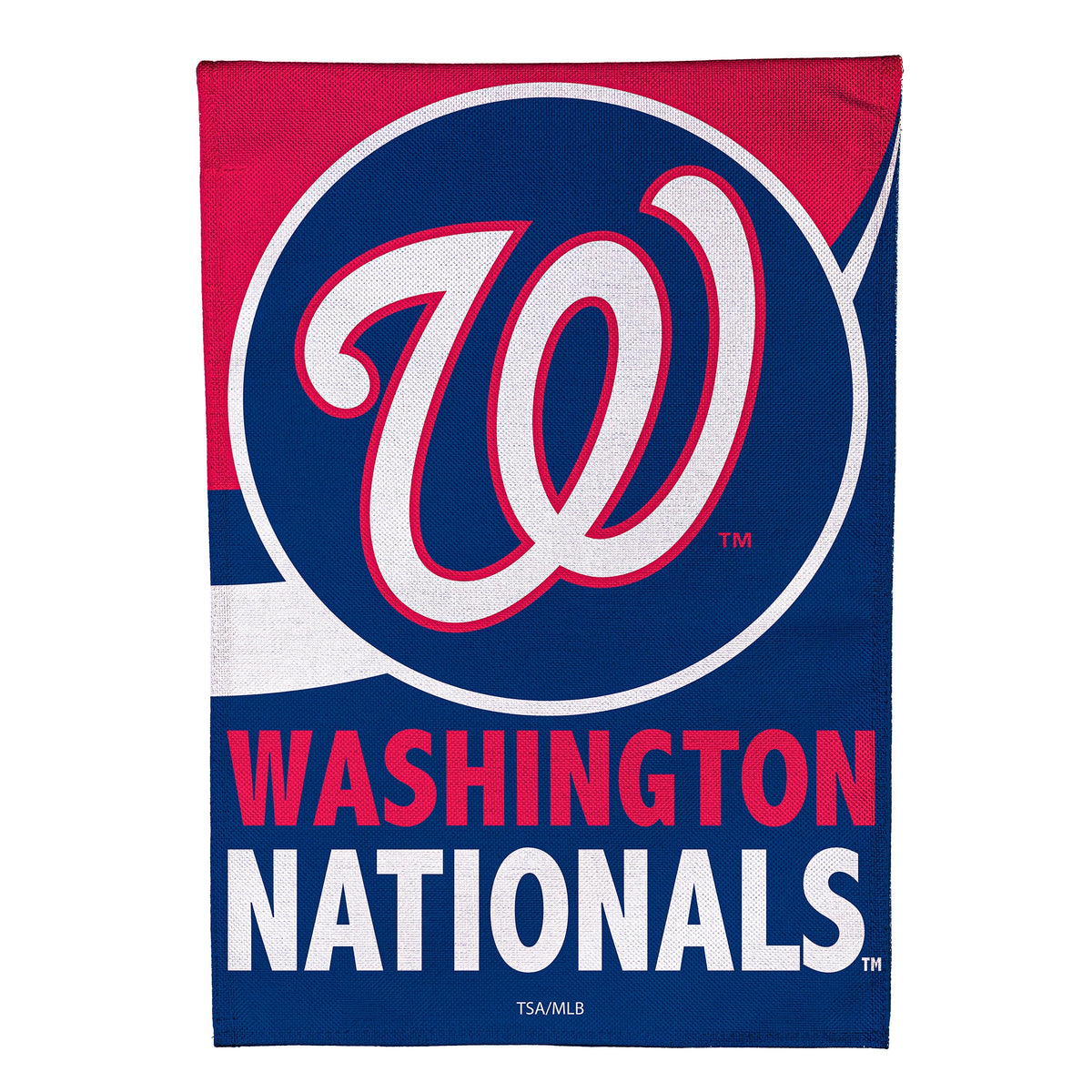 Washington Nationals Burlap Garden Flag in red and blue with a large logo on Tampa Home & Garden Store
