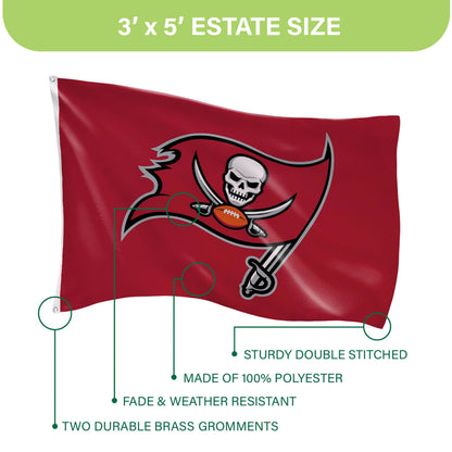 Tampa Bay Buccaneers flag 3x5, red single-sided sublimated flag with skull logo, 2 grommets on Tampa Home & Garden Store