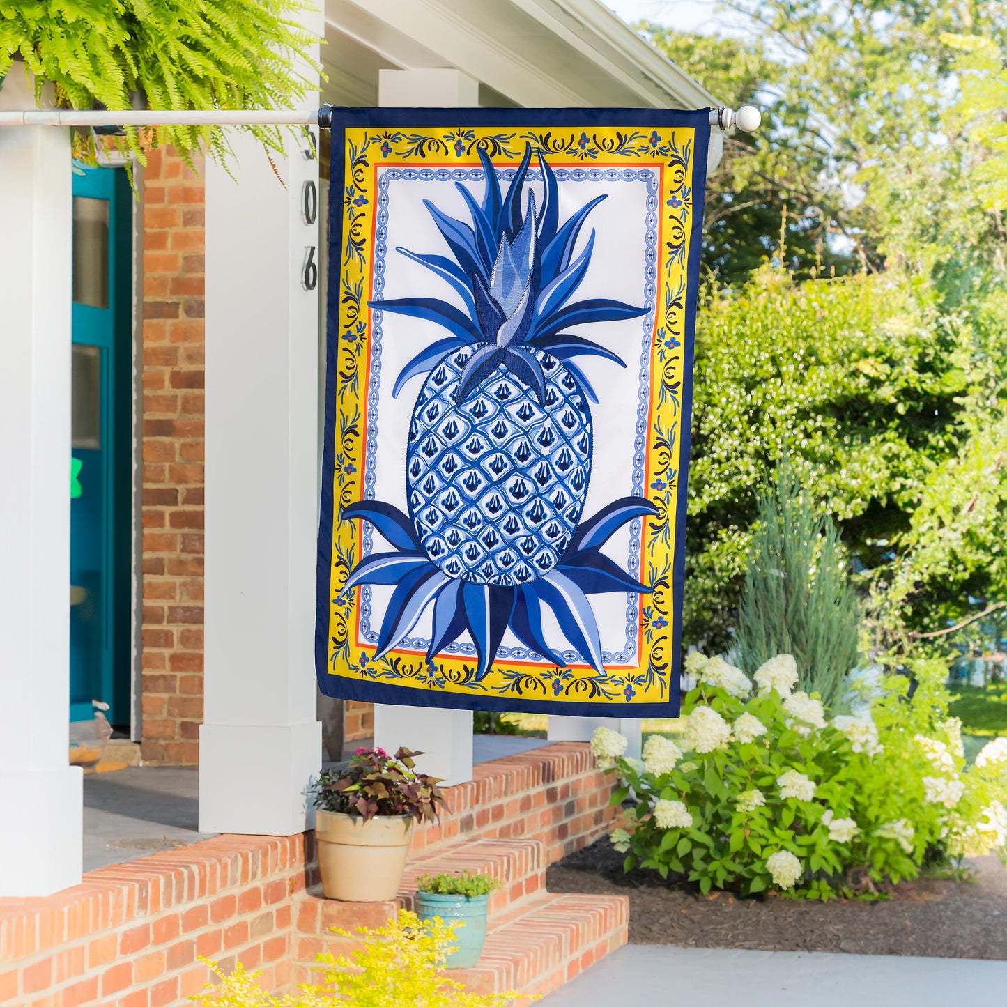 Blue and white pineapple applique house flag yellow border navy accents Evergreen Enterprises on Tampa Home & Garden Store