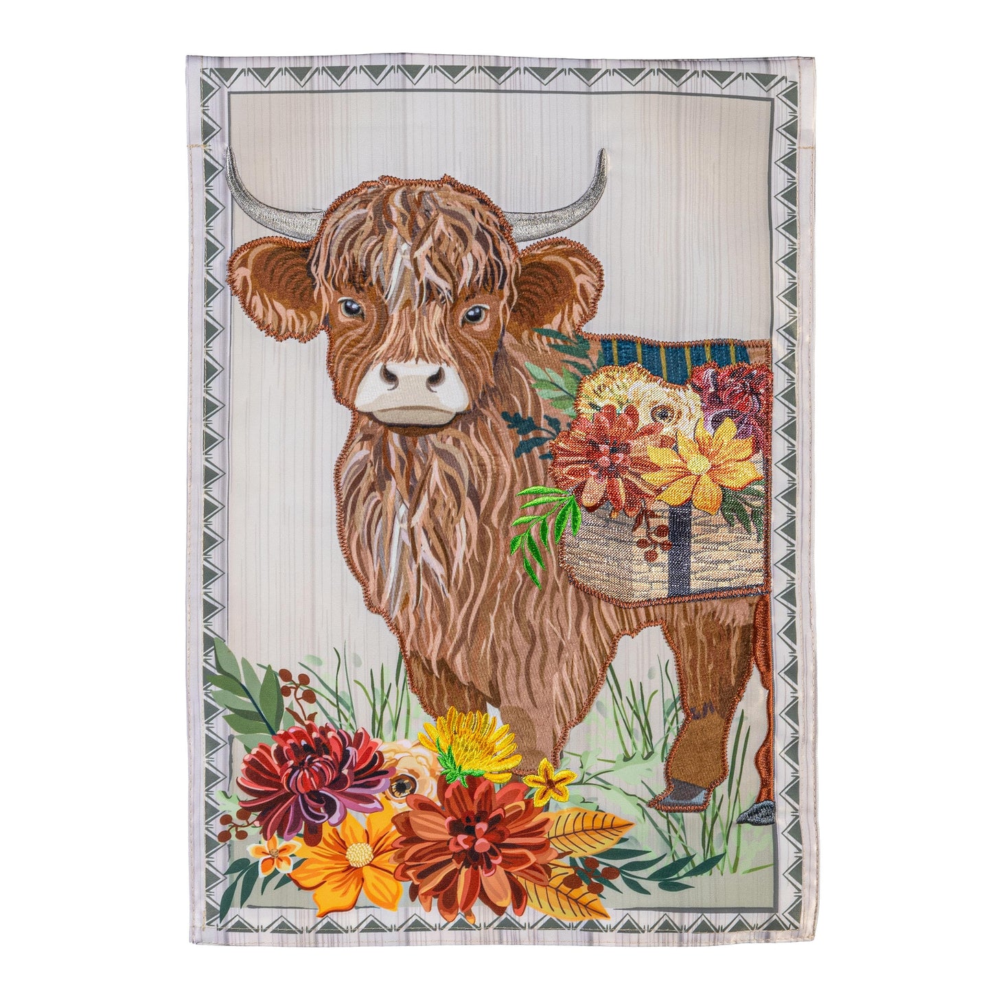 Highland Cow Floral Applique Garden Flag with cow vibrant flowers by Evergreen Enterprises on Tampa Home & Garden Store
