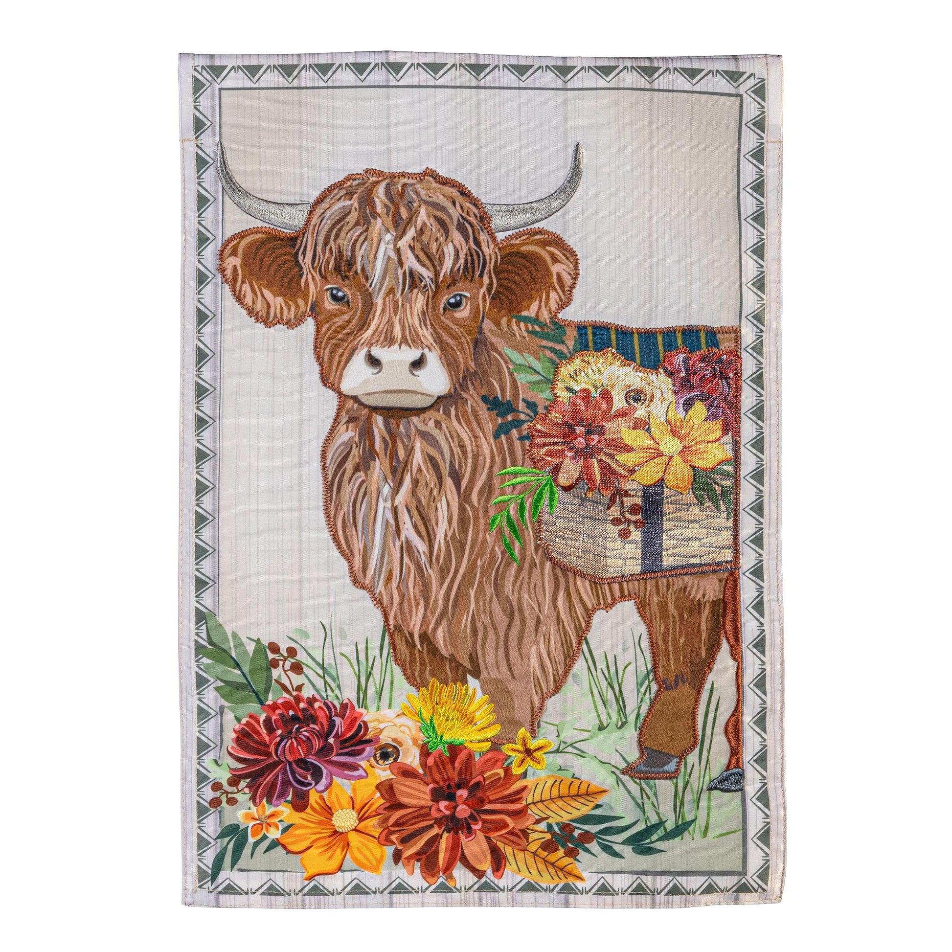 Highland Cow Floral Applique Garden Flag with cow vibrant flowers by Evergreen Enterprises on Tampa Home & Garden Store