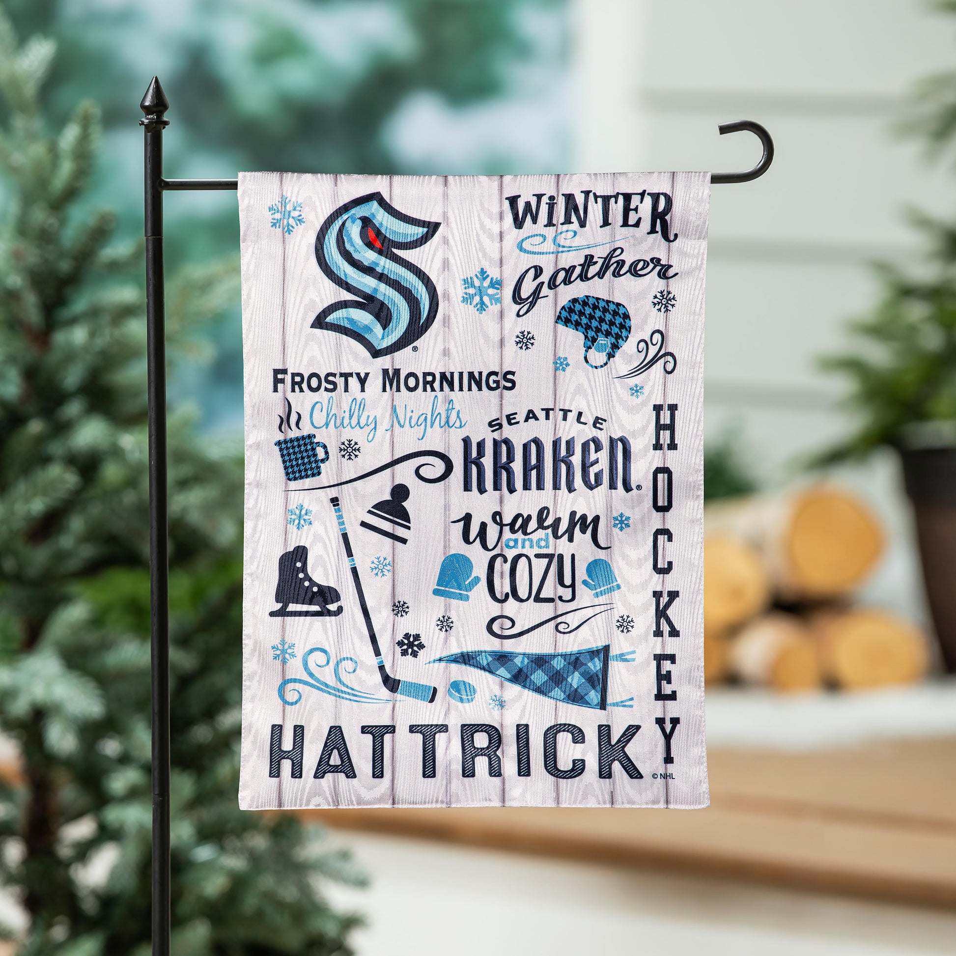 Seattle Kraken Moire Flag by Evergreen Enterprises frosty winter design on gray fabric on Tampa Home & Garden Store