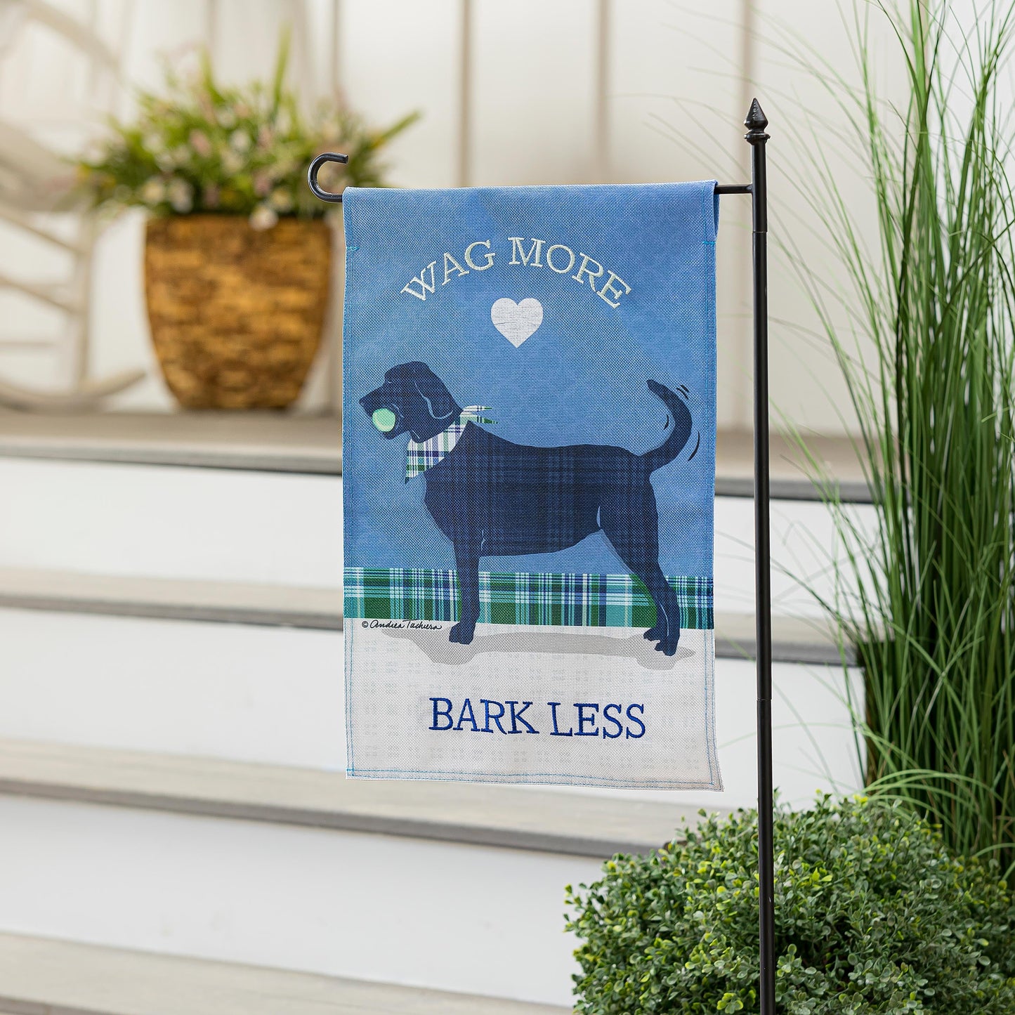 Wag More Bark Less garden burlap flag in blue with dog silhouette illustration on Tampa Home & Garden Store