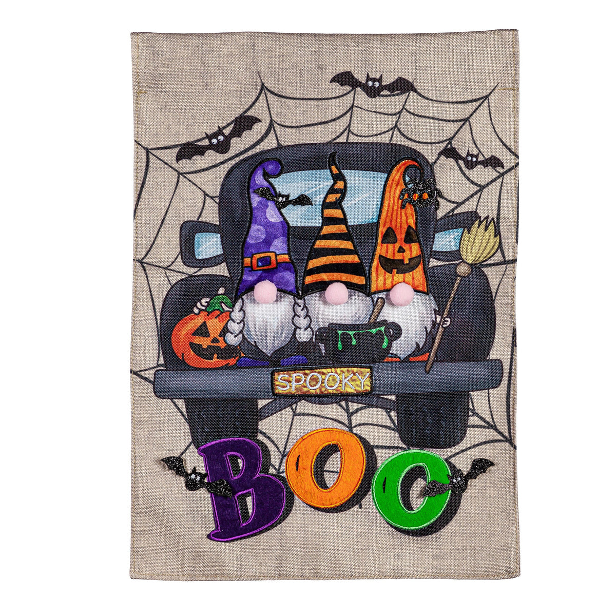 Spooky Truck Burlap Flag by Evergreen Enterprises with pumpkins and bats on beige burlap on Tampa Home & Garden Store