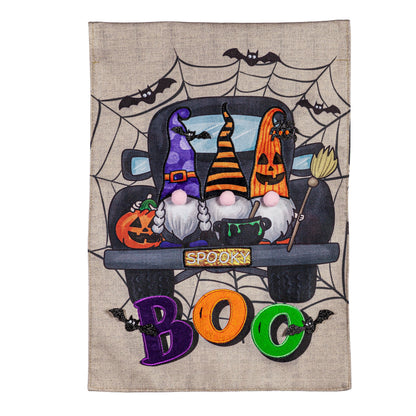Spooky Truck Burlap Flag by Evergreen Enterprises with pumpkins and bats on beige burlap on Tampa Home & Garden Store