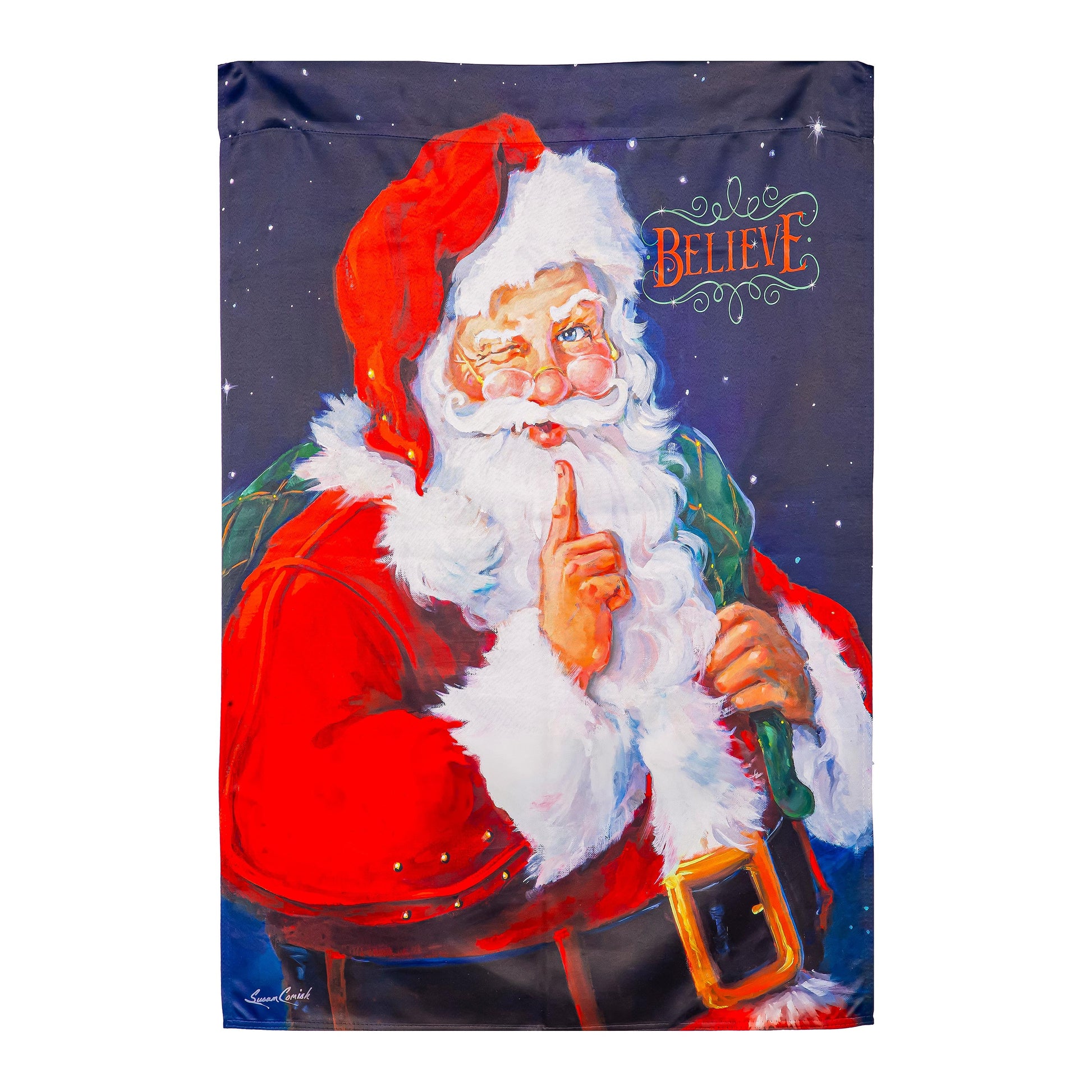 Believe Suede House Flag Santa portrait with red suit and BELIEVE script on dark blue background on Tampa Home & Garden Store