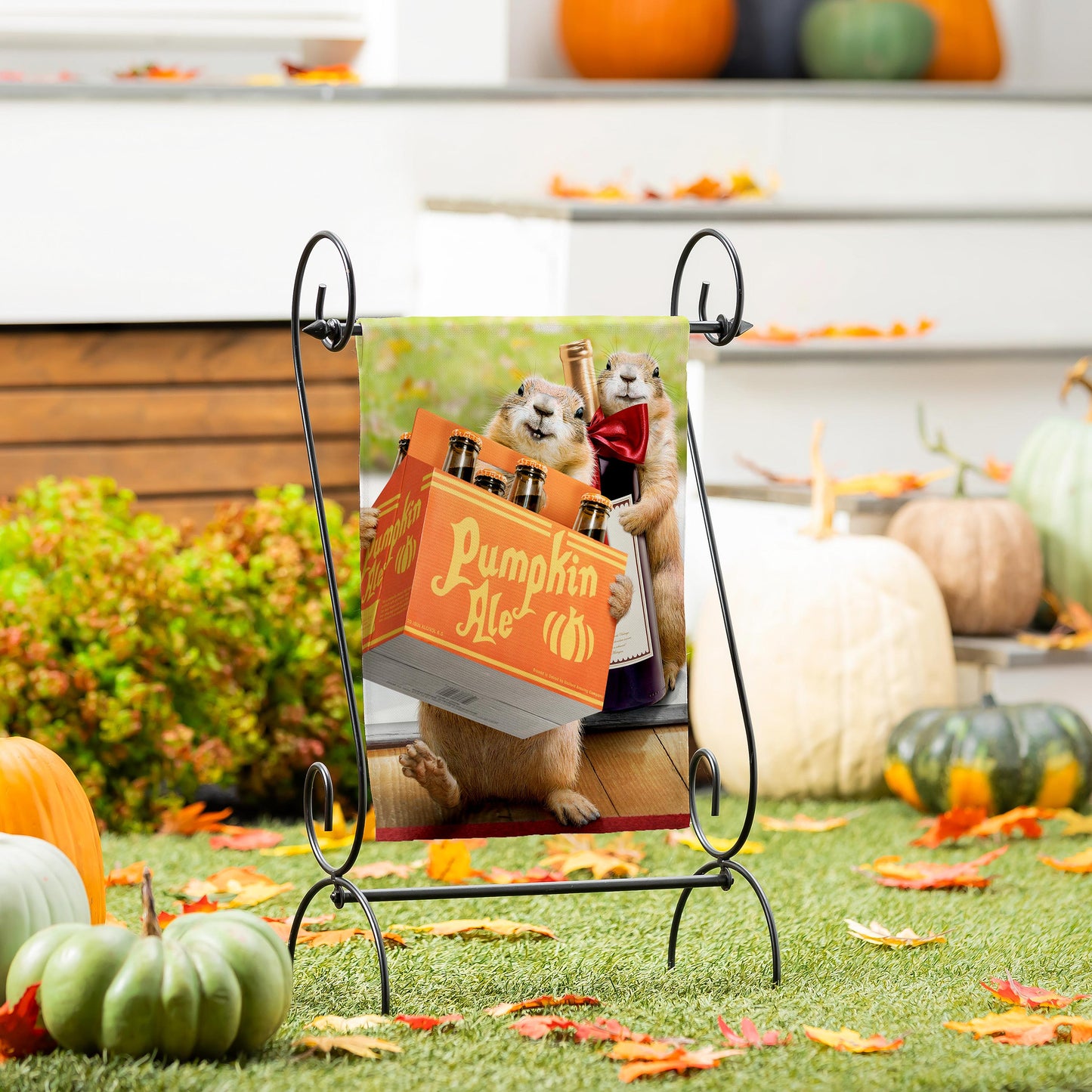Pumpkin Ale Suede Garden Flag on metal stand with two rabbits and beer crate autumn yard decor on Tampa Home & Garden Store