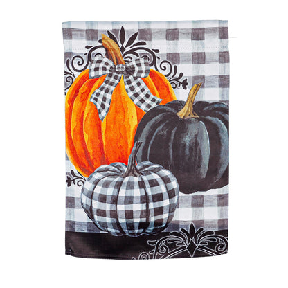 Pumpkin Check Suede Flag pumpkins with plaid bow on check background by Evergreen Enterprises on Tampa Home & Garden Store