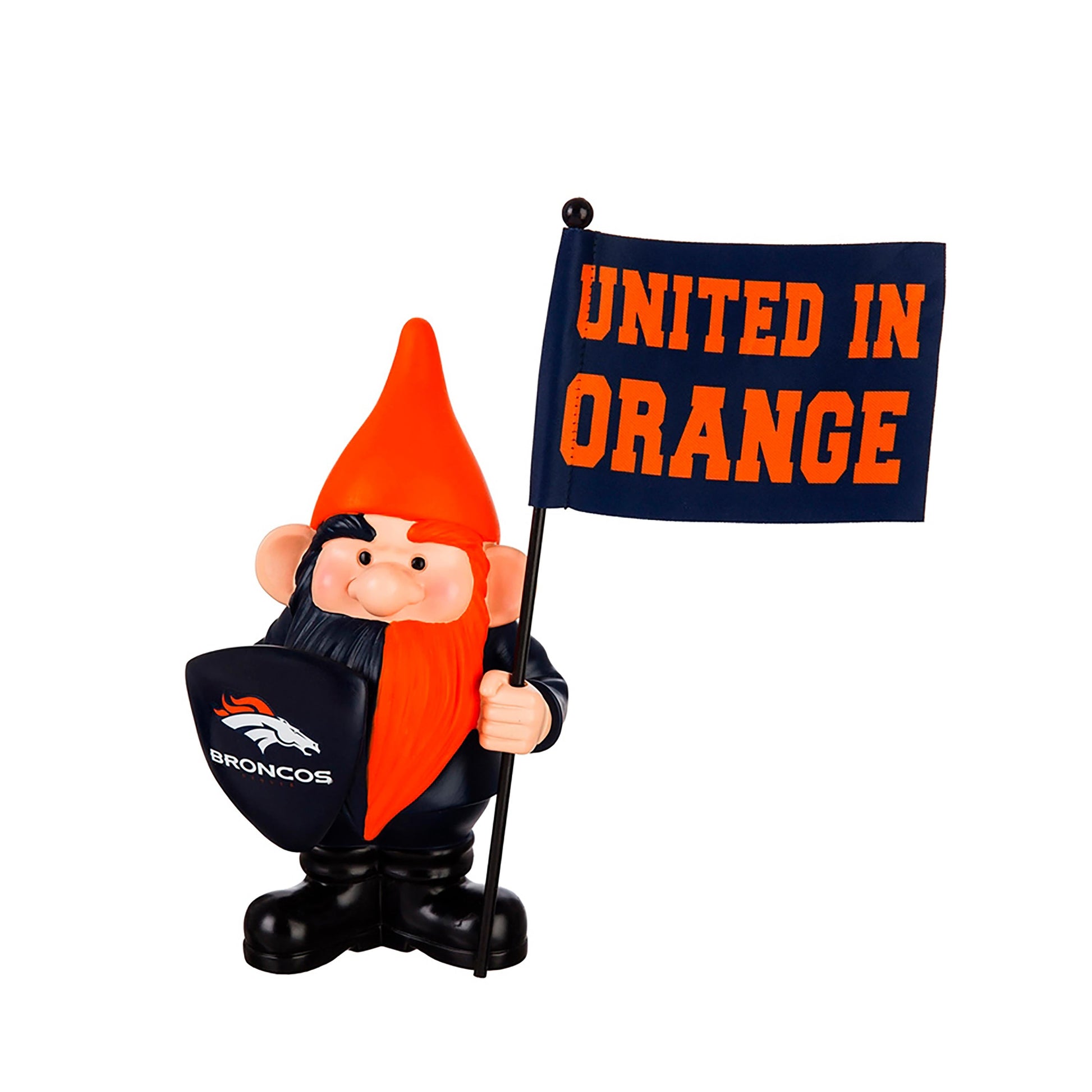Denver Broncos flag gnome statue, orange hat, holding flag UNITED IN ORANGE on Tampa Home & Garden Store