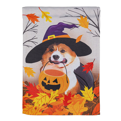 Corgi Fall Suede Garden Flag with witch-hat corgi, pumpkin and autumn leaves on Tampa Home & Garden Store