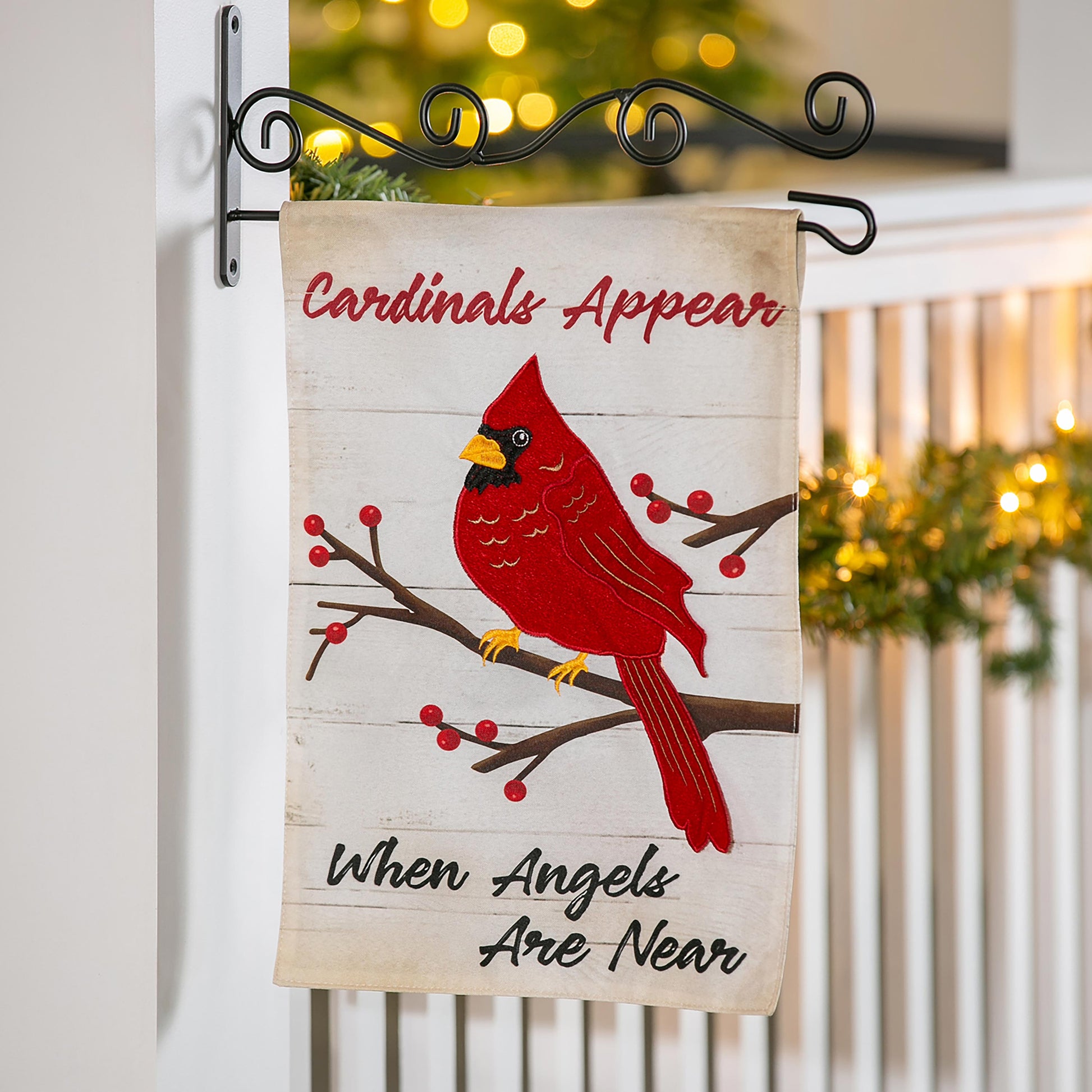 Linen garden flag with red cardinal on branch and When Angels Are Near text on Tampa Home & Garden Store