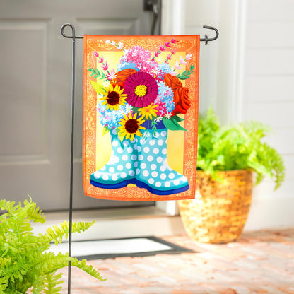 Floral Rain Boots Applique Garden Flag orange border turquoise polka-dot bouquet design on Tampa Home & Garden Store