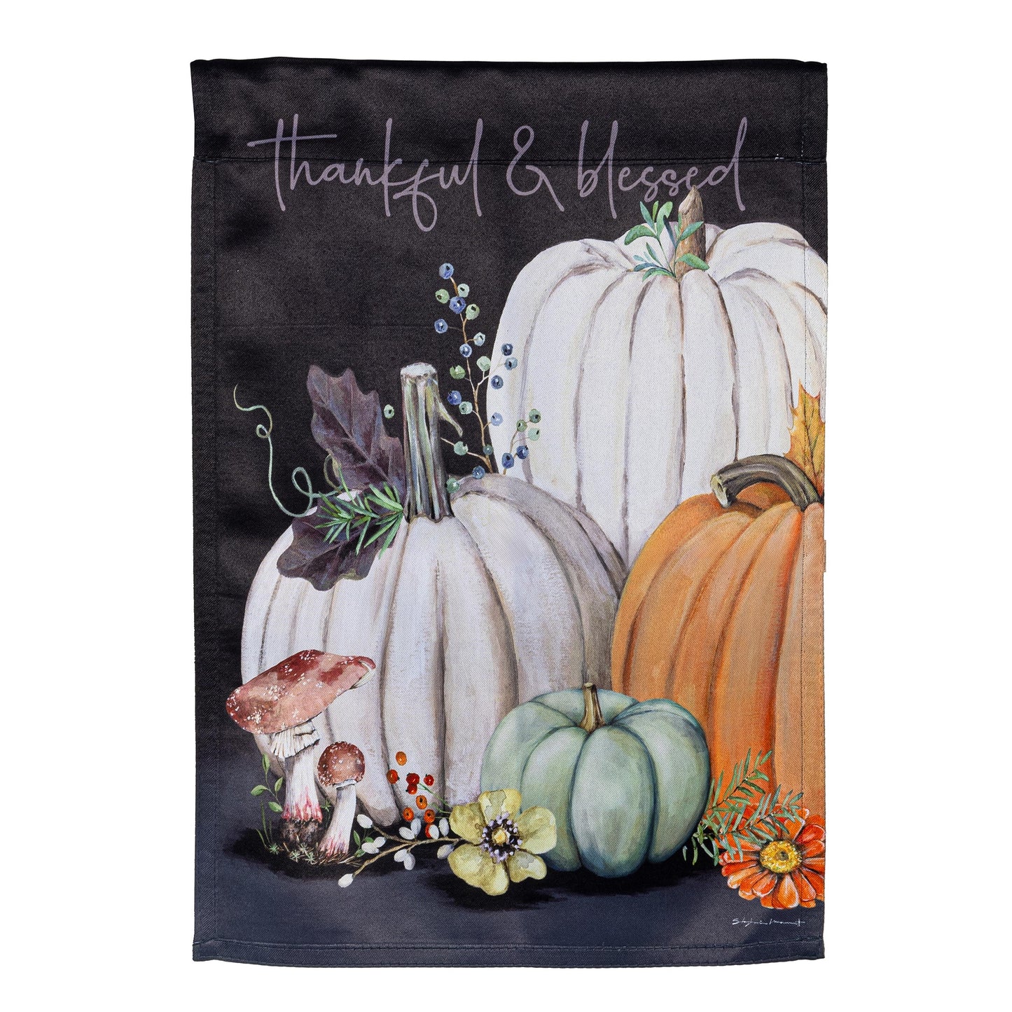 Beauty Of Fall Suede Garden Flag dark background with white pumpkins and autumn florals on Tampa Home & Garden Store