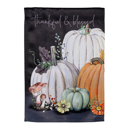 Beauty Of Fall Suede Garden Flag dark background with white pumpkins and autumn florals on Tampa Home & Garden Store