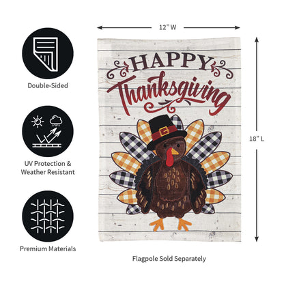 Pilgrim Turkey Garden Burlap Flag by Evergreen Enterprises; rustic Thanksgiving flag on Tampa Home & Garden Store