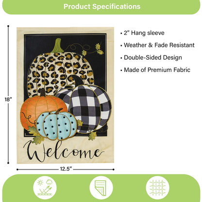 Mixed Print Pumpkins Garden Linen Flag with Welcome script and multiple pumpkin prints on Tampa Home & Garden Store