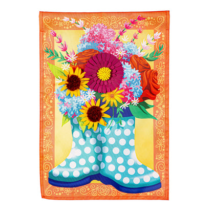 Floral Rain Boots Applique Garden Flag with colorful bouquet and orange border on Tampa Home & Garden Store