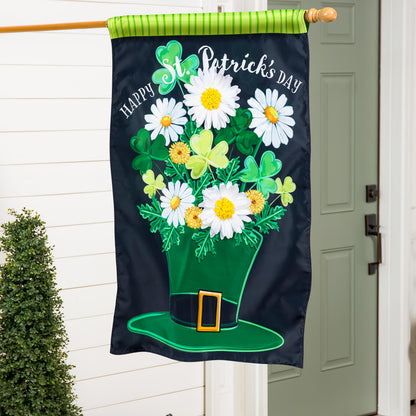 Applique house flag Happy St. Patrick's Day with daisies and shamrocks on dark background on Tampa Home & Garden Store
