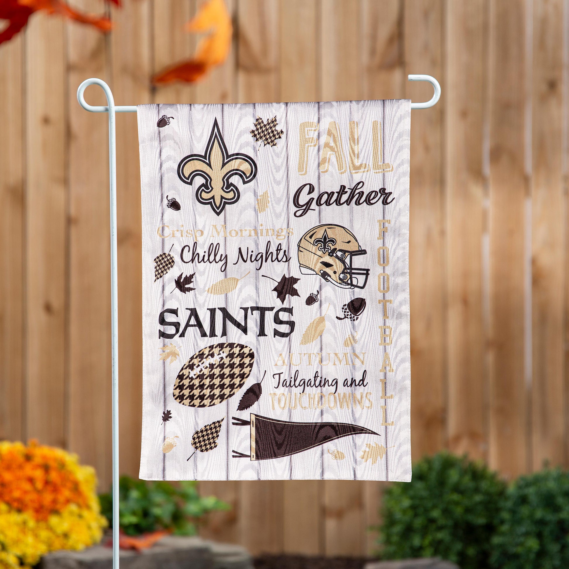 New Orleans Saints moire flag on garden stand with beige woodgrain design Evergreen Enterprises on Tampa Home & Garden Store