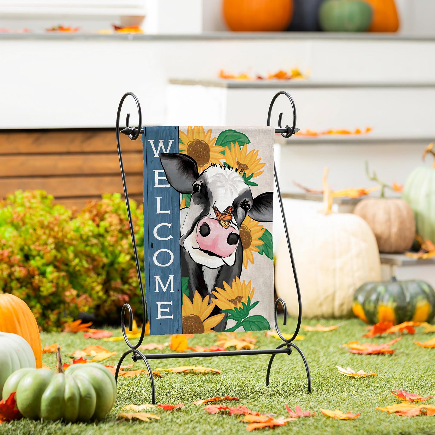 Suede garden flag Mooove Over For Fall featuring a cow with sunflowers and a blue Welcome panel on Tampa Home & Garden Store