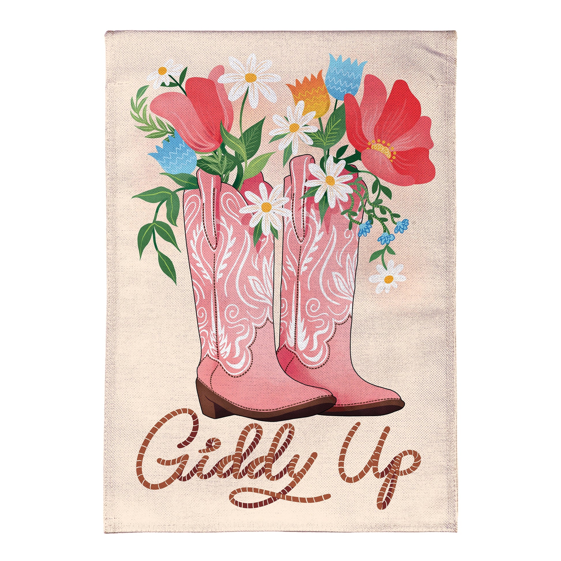 Giddy Up Burlap Garden Flag pink burlap with daisies and boots by Evergreen Enterprises on Tampa Home & Garden Store