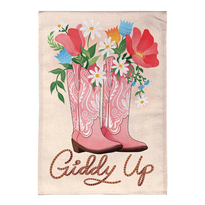 Giddy Up Burlap Garden Flag pink burlap with daisies and boots by Evergreen Enterprises on Tampa Home & Garden Store