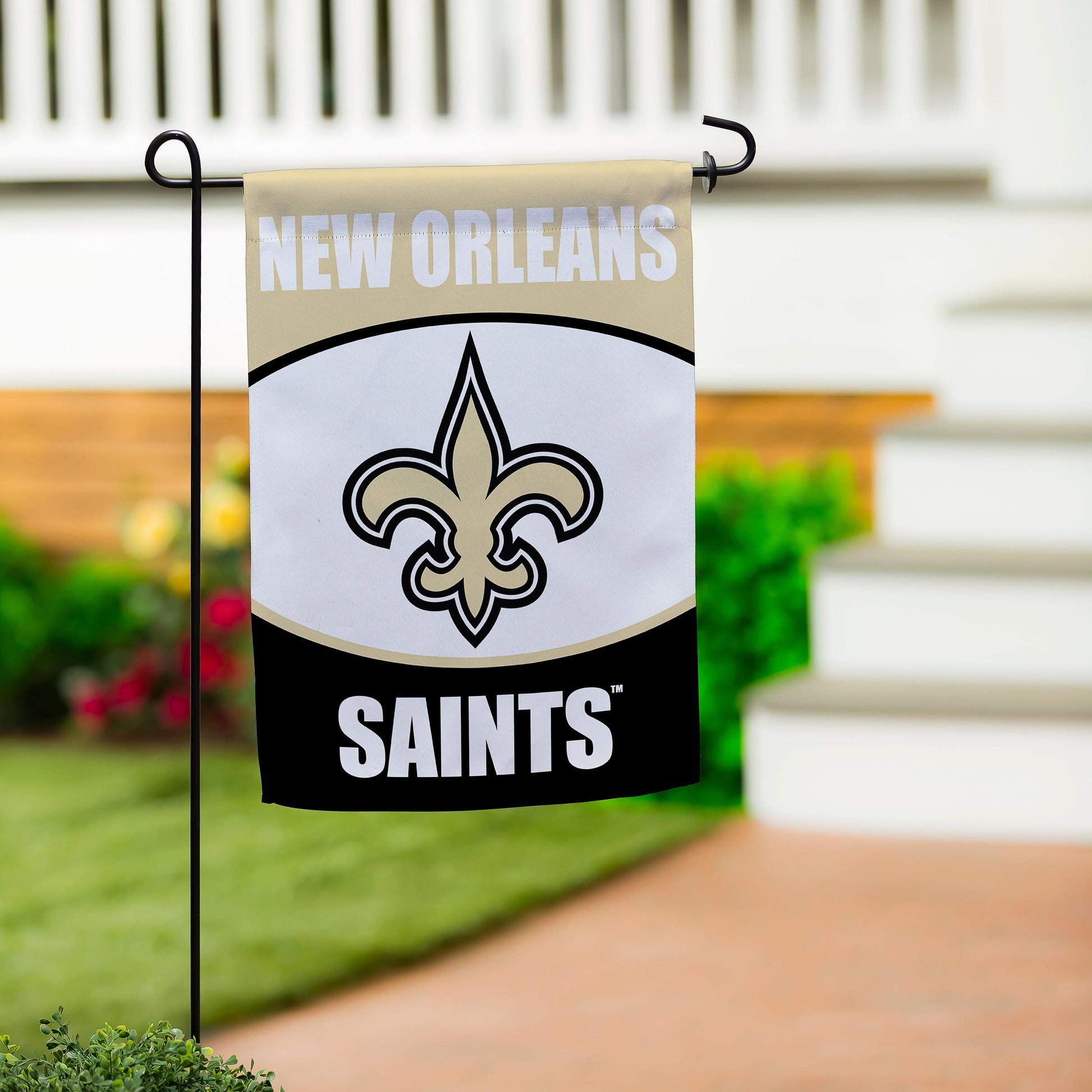 New Orleans Saints suede flag on metal garden stake by Evergreen Enterprises on Tampa Home & Garden Store