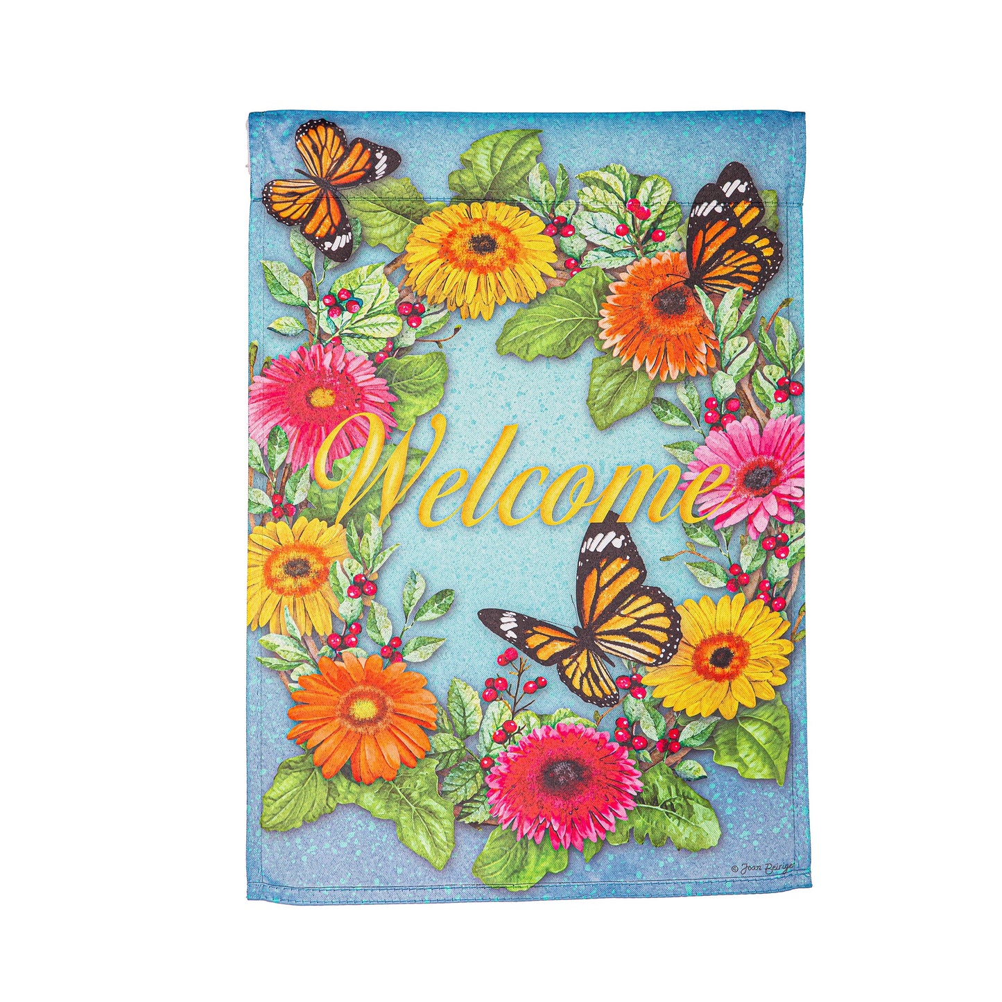 Gerbera Butterflies Suede Garden Flag with sunflowers and butterflies turquoise background on Tampa Home & Garden Store