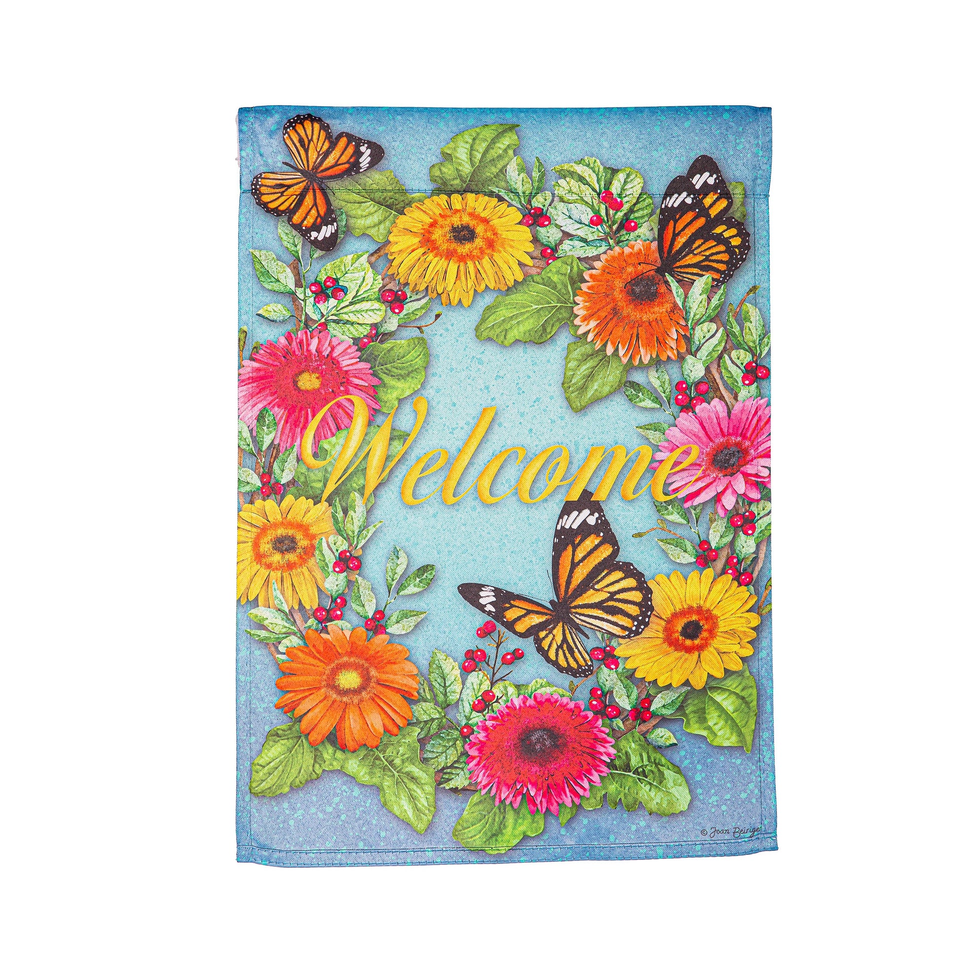 Gerbera Butterflies Suede Garden Flag with sunflowers and butterflies turquoise background on Tampa Home & Garden Store